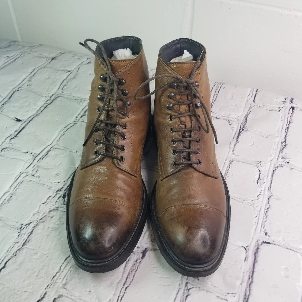 To Boot New York Burkett brown burnished leather lace up boots